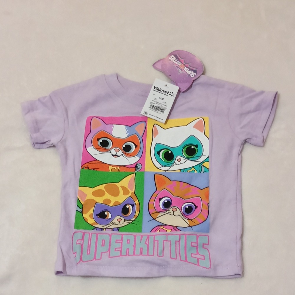 Walmart Pastel Lilac Super Kitties Short Sleeve Crew‎ Neck T-Shirt 12M